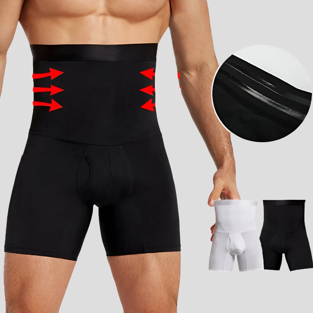 Men's high-waisted compression shorts for tummy control, offering muscle support & moisture-wicking.