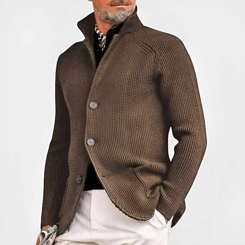 Stylish men's button-front cardigan, blazer-style for versatile layering. Perfect smart casual everyday wear.