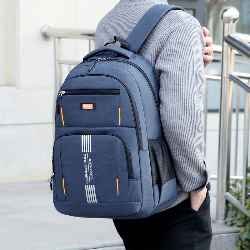 Open men's travel backpack revealing ample storage & multiple compartments for accessories.