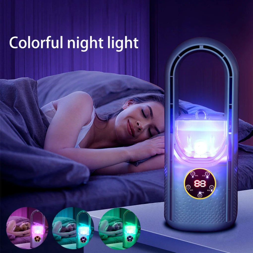 Portable bladeless desk fan with LED display, perfect for home office or travel. Quiet USB personal cooler.