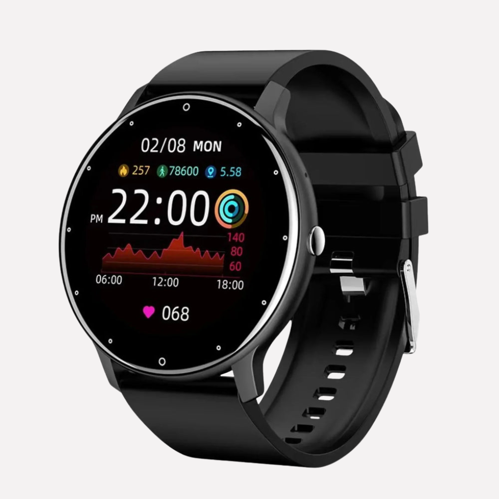 Unisex smart fitness watch with heart rate & blood oxygen monitoring. Modern digital activity tracker on a wrist.