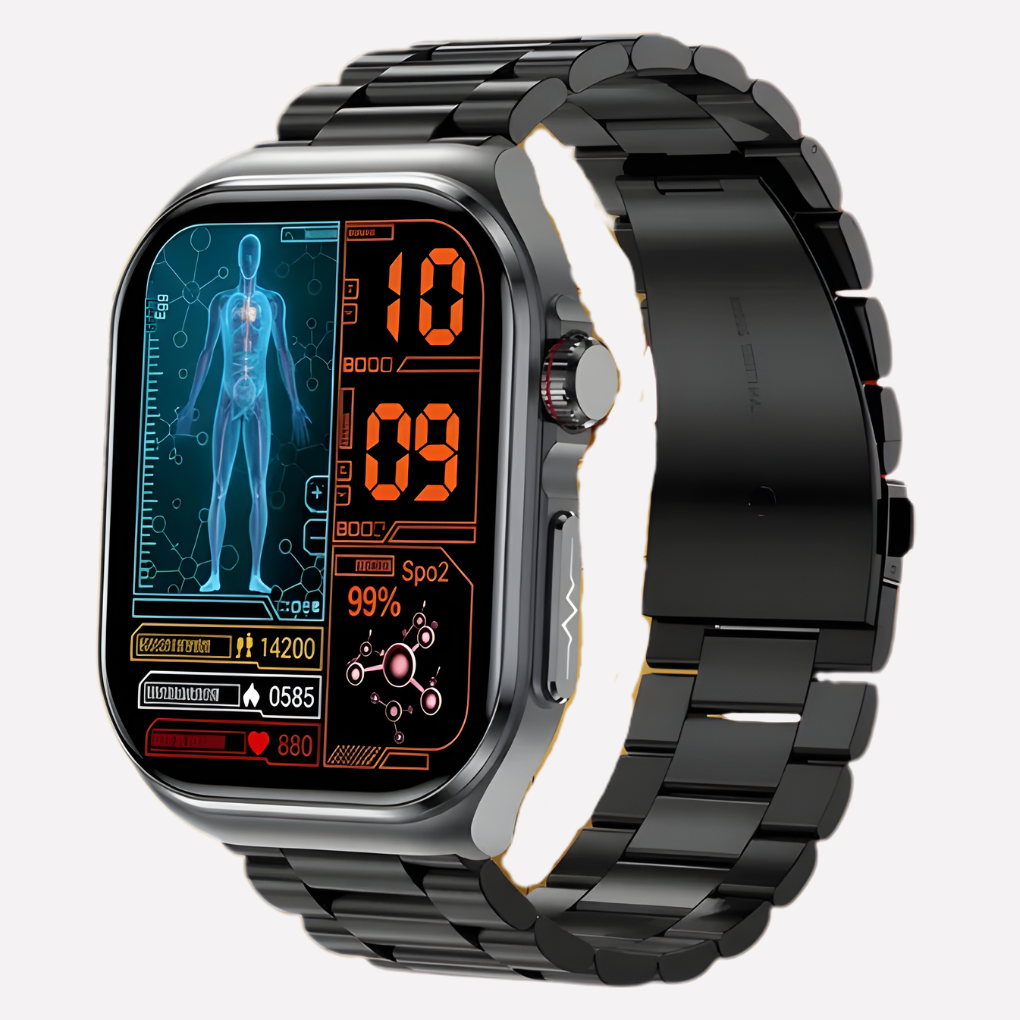 Sleek unisex smartwatch with health and fitness tracking, heart rate monitor, and water resistance for daily wear.
