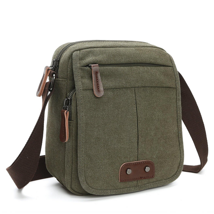 Unisex canvas crossbody bag with multiple zippered pockets, ideal for daily use & travel. Durable messenger shoulder bag.