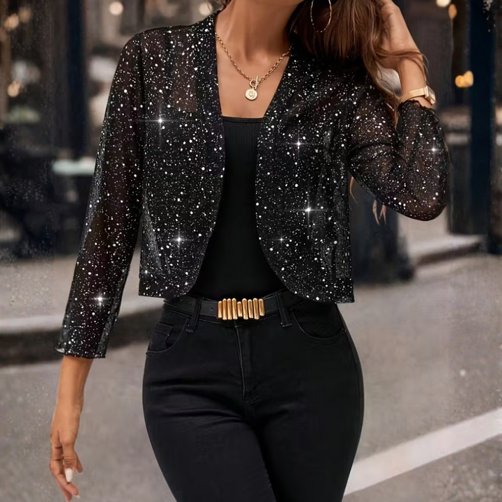 Chic women's open front sequin cardigan, shimmering party wear jacket for festive and glamorous nights.