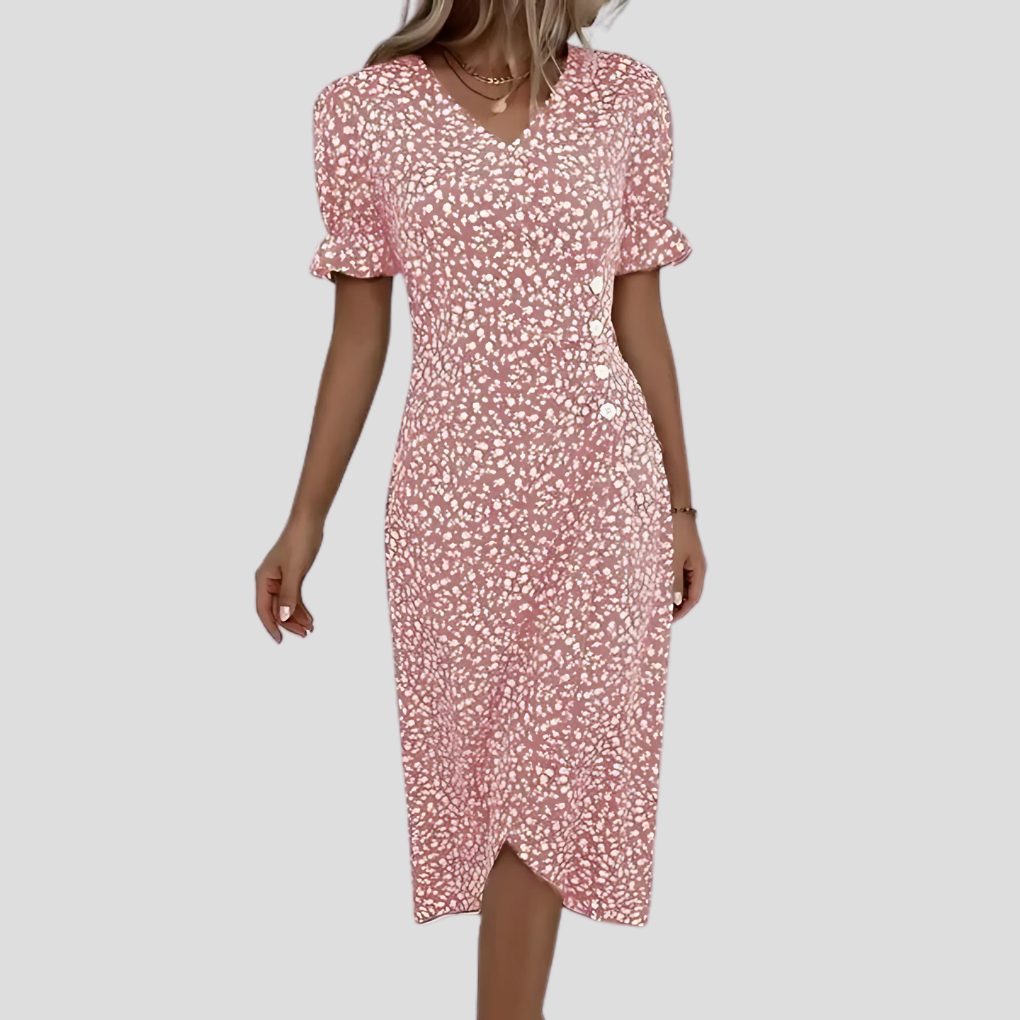 Close-up: button-front, vibrant floral print on women's V-neck midi dress with puff sleeves. Casual summer style.