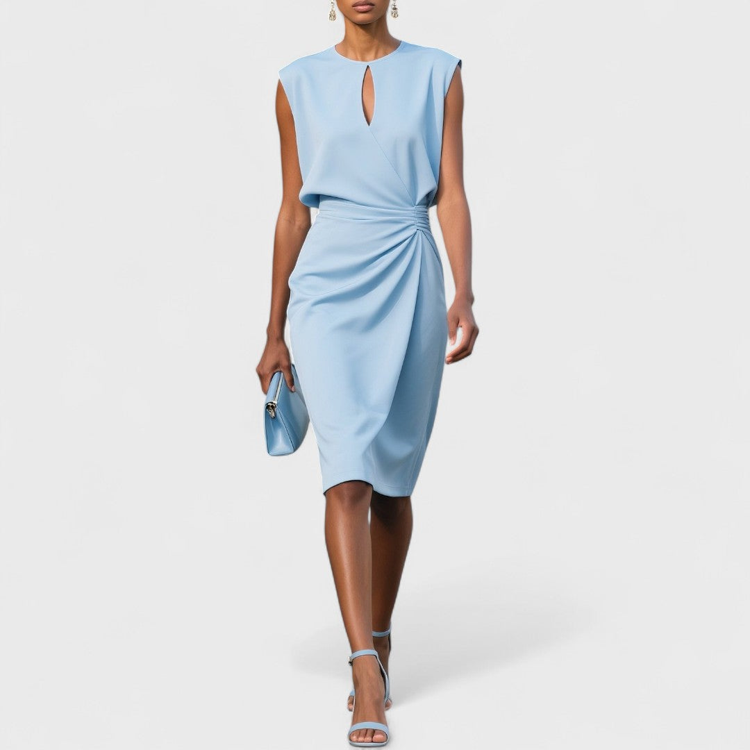 Chic women's keyhole cocktail midi dress for wedding guests, featuring elegant ruched detail and a sophisticated bodycon fit.