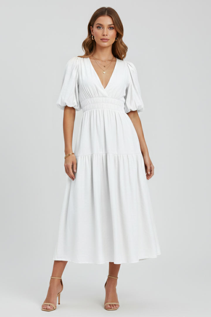 Stylish women's summer midi dress, V-neck, elegant puff sleeves. Perfect for chic fashion.