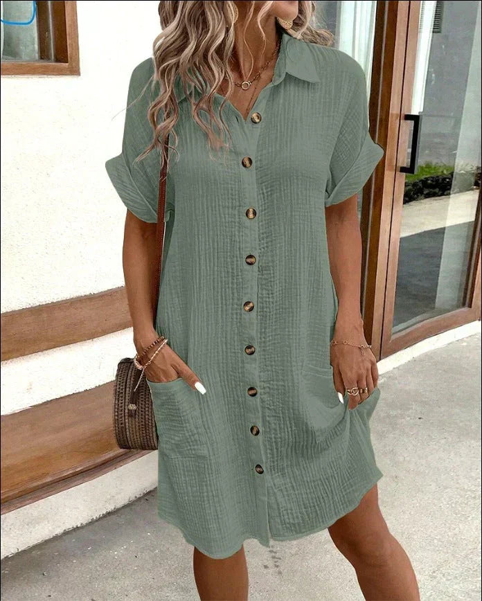 Versatile women's polo dress, short sleeve, collared, and above knee. Ideal for chic daily & summer outfits.