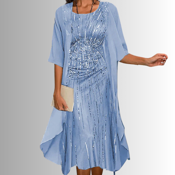 Versatile women's printed midi dress, 3/4 sleeves, open-front & layered for casual or smart-casual wear.