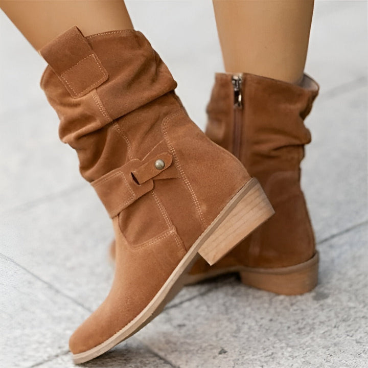 Low heel slouchy ankle boots for women, featuring a trendy buckle strap, perfect for casual elegance.