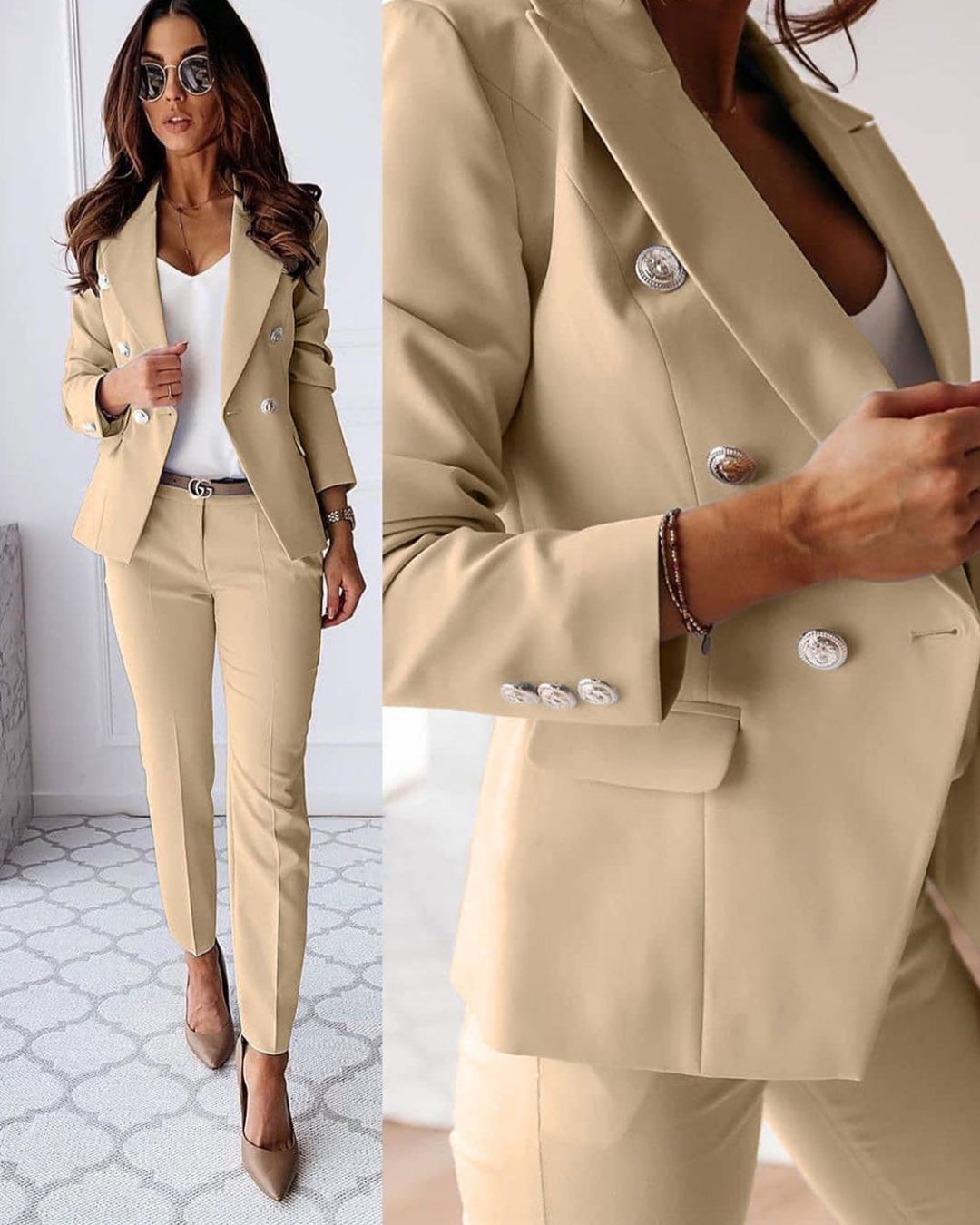 "Chic women's double-breasted suit set with tailored trousers, featuring notched lapels and metallic buttons for a sleek look