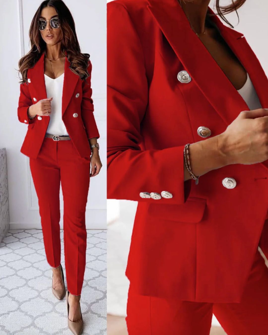"Chic women's double-breasted suit set with tailored trousers, featuring notched lapels and metallic buttons for a sleek look