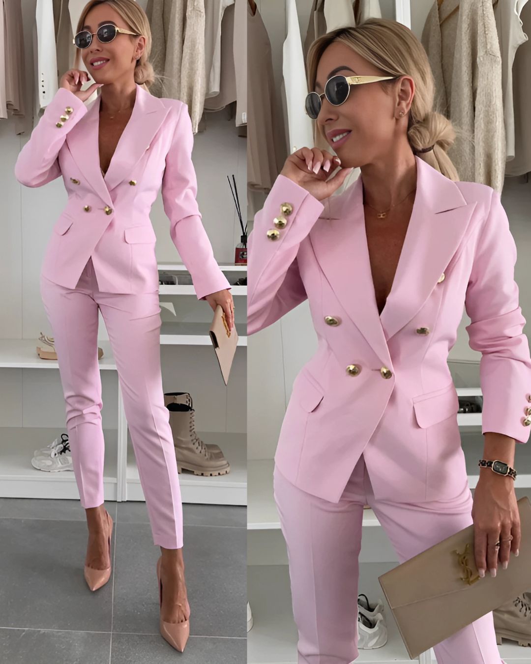 "Chic women's double-breasted suit set with tailored trousers, featuring notched lapels and metallic buttons for a sleek look