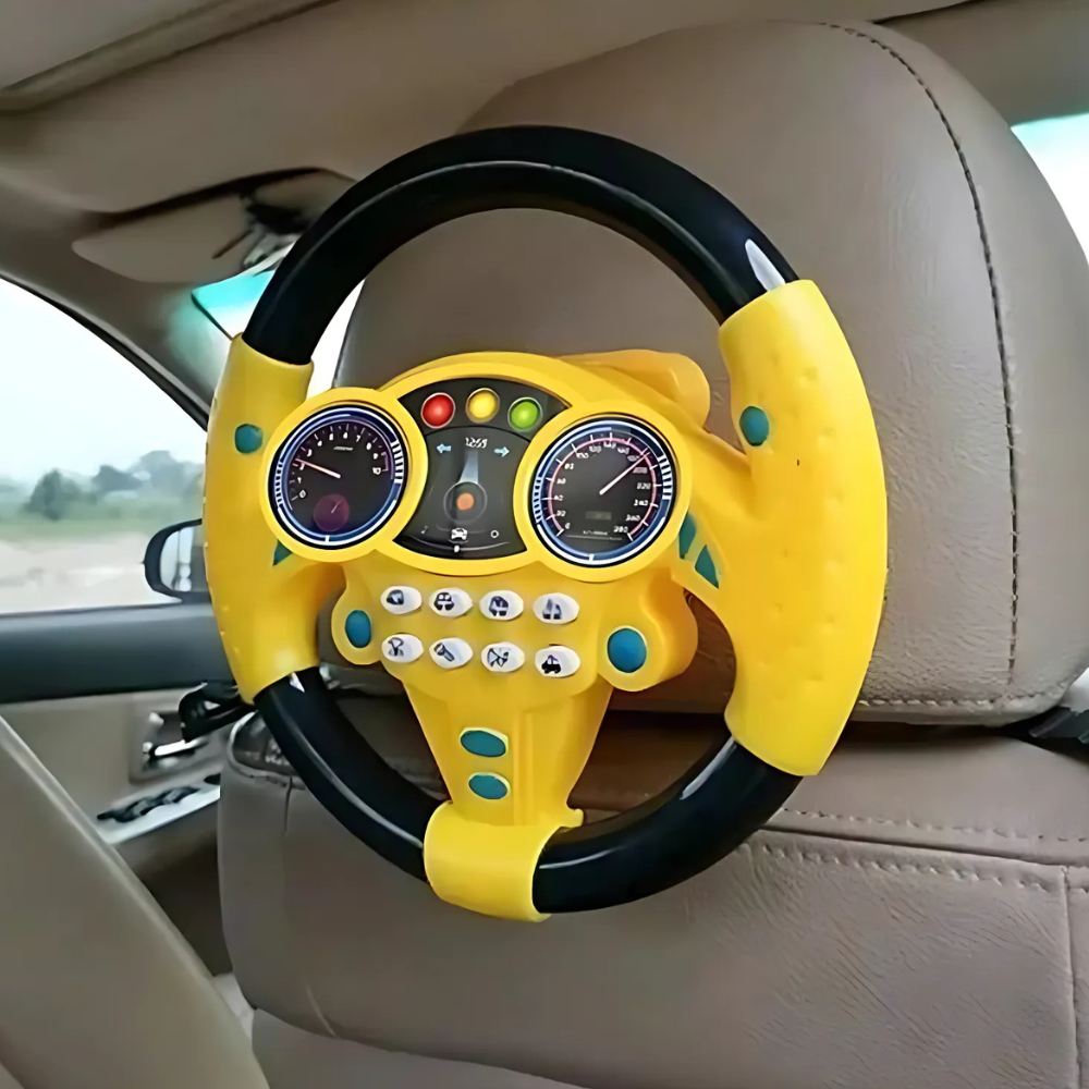 Child's electric steering wheel toy for interactive driving fun. Features lights & sounds, perfect for pretend play.