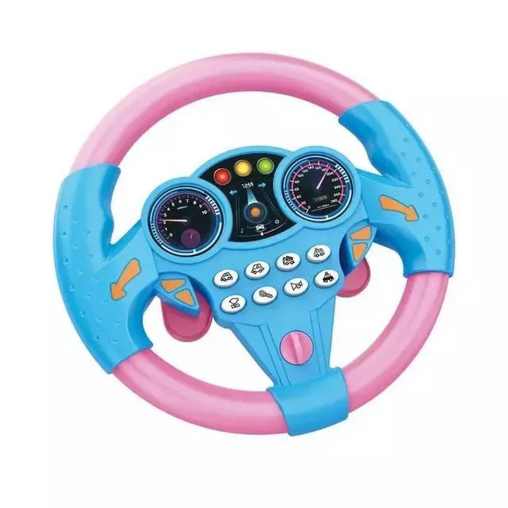 Kids' electric steering wheel toy, simulating driving experience. Promotes hand-eye coordination & creative play.