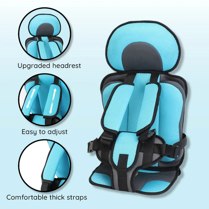 Vehicle safety booster seat for kids, with a soft comfort cushion and adjustable features.