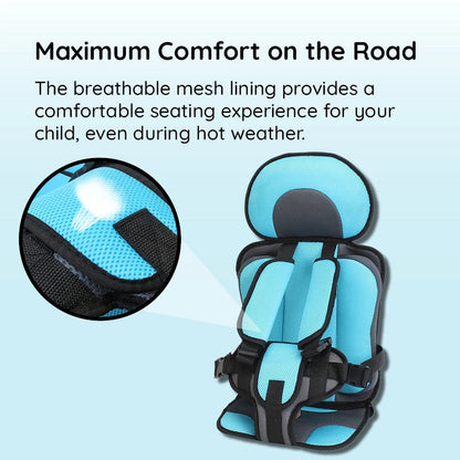 "Child safety car cushion seat in bright red with comfy padding and adjustable straps for secure, cozy travel."