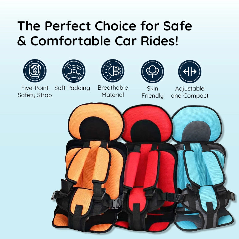 "Child safety car cushion seat in bright red with comfy padding and adjustable straps for secure, cozy travel."