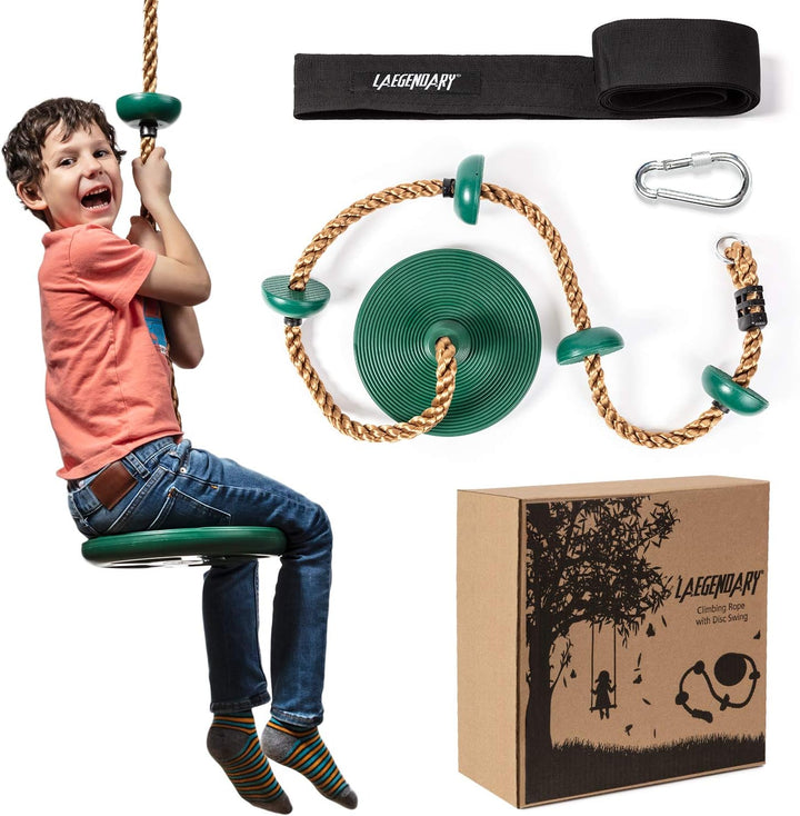 Kids' tree swing set featuring a durable climbing rope with footholds for adventurous outdoor play.