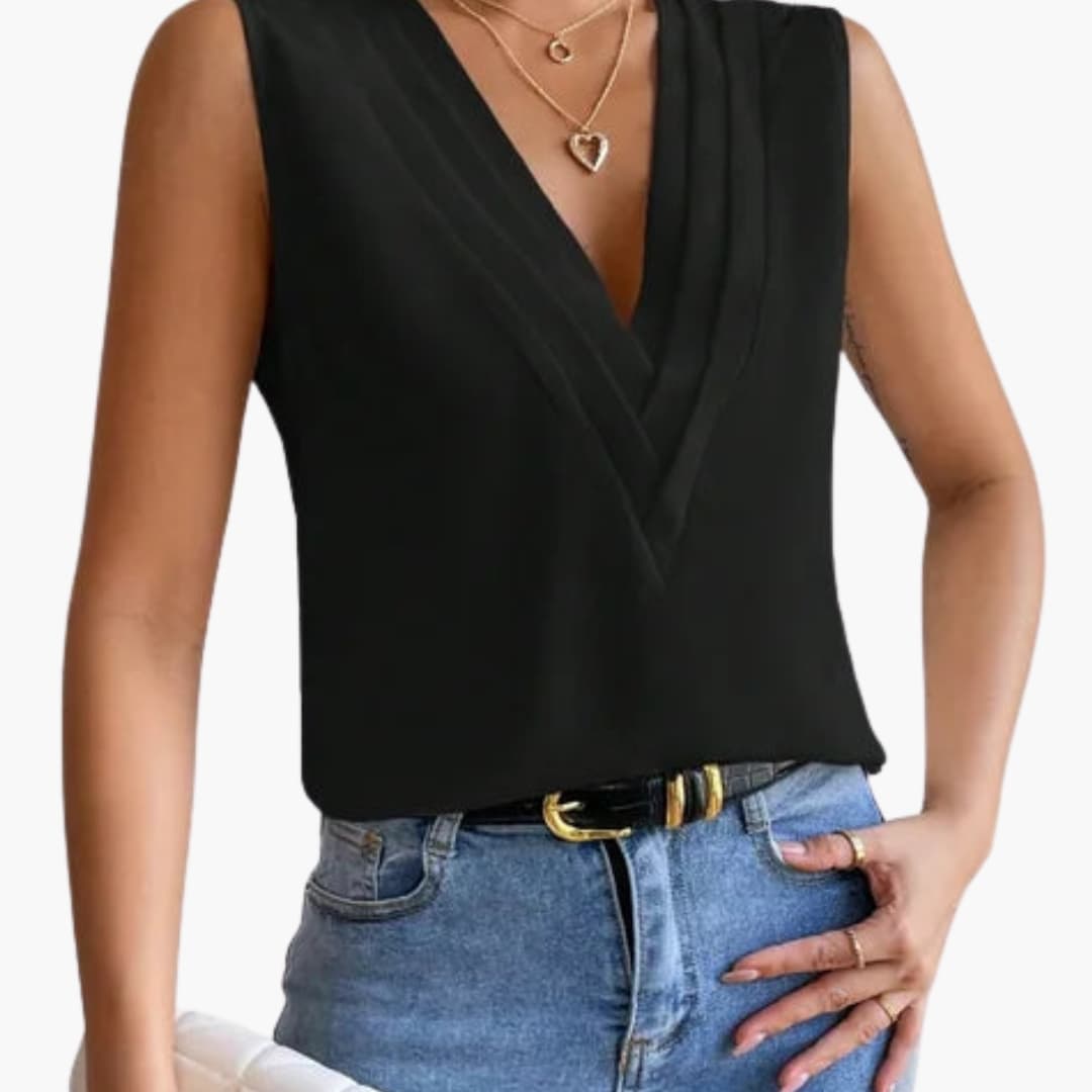 Women's elegant sleeveless V-neck blouse, a professional and casual chic top for versatile summer fashion.