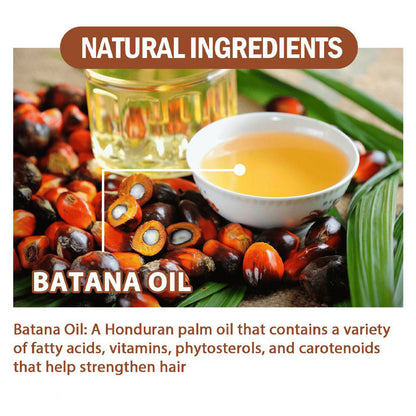 Clear bottle of 100% pure Batana oil for hair and skin care, shown against a plain background, highlighting its rich texture.