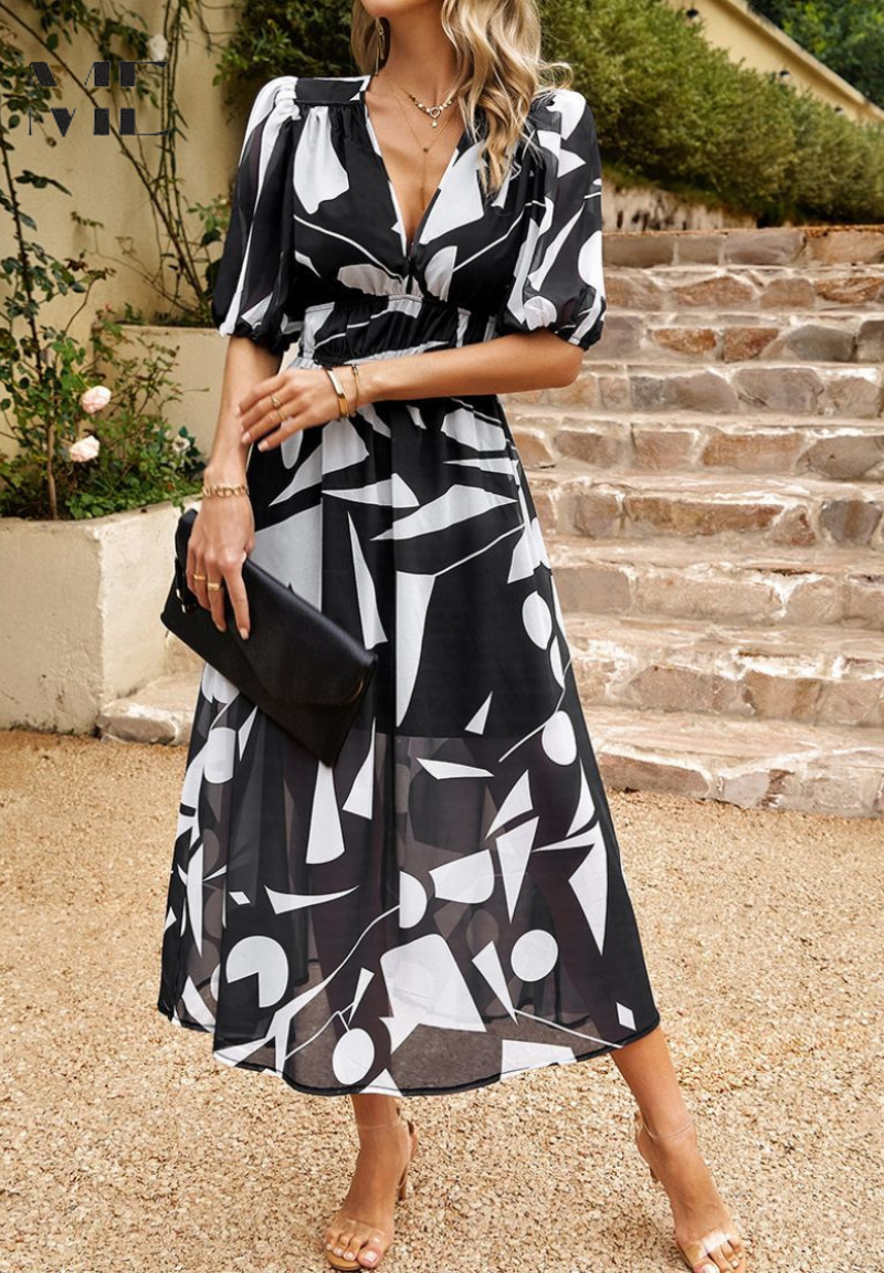 Women's casual V-Neck Midi Dress with a beautiful all-over floral print and comfortable short sleeves.