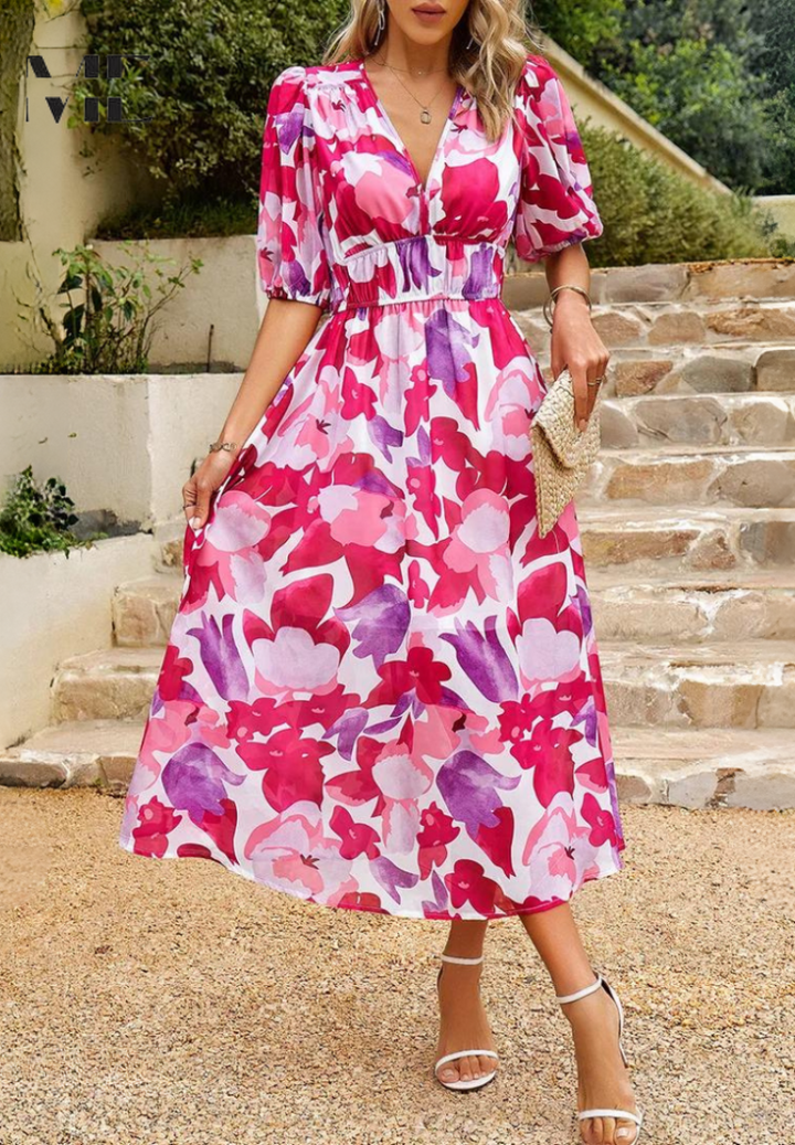 Feminine Women's Floral Print Midi Dress, featuring a V-neck, tie waist, and flowy flared skirt.