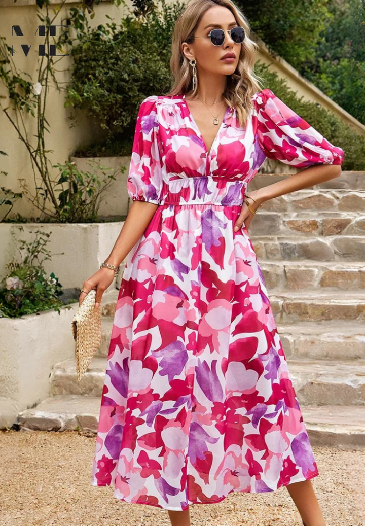 Full length shot of a Women's versatile Floral Print Midi Dress, a V-neck style perfect for casual wear.