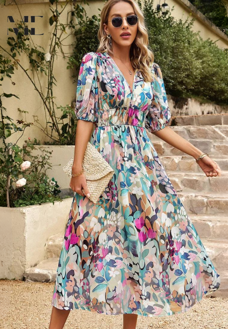 Short sleeve Women's Floral Print Midi Dress, featuring a flattering V-neck and flared skirt.