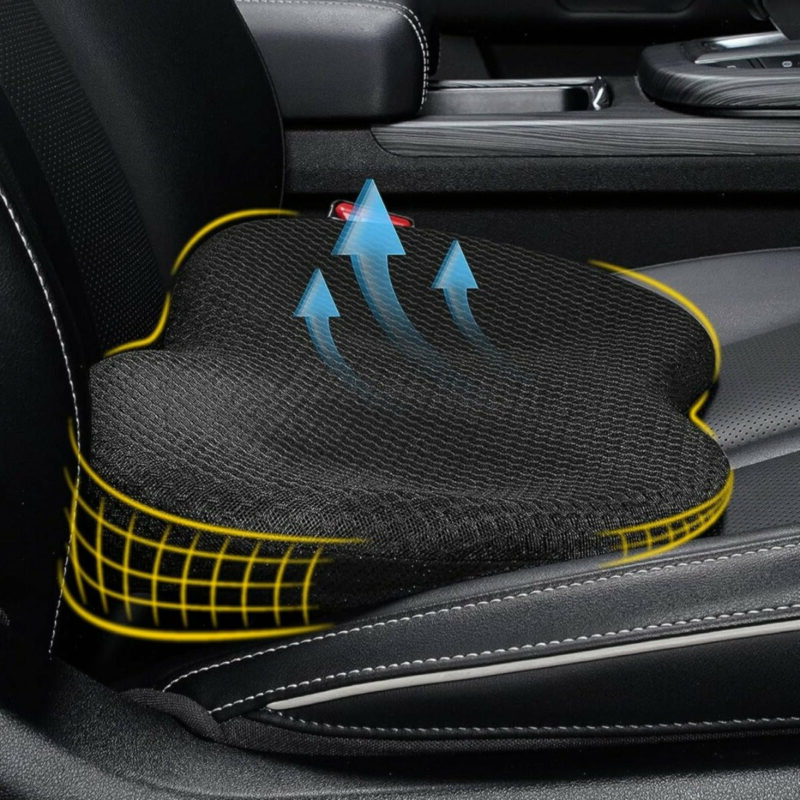 "Comfortable car seat cushion for short drivers, memory foam, 3.5 inches thick, raises height, ergonomic, breathable fabric"