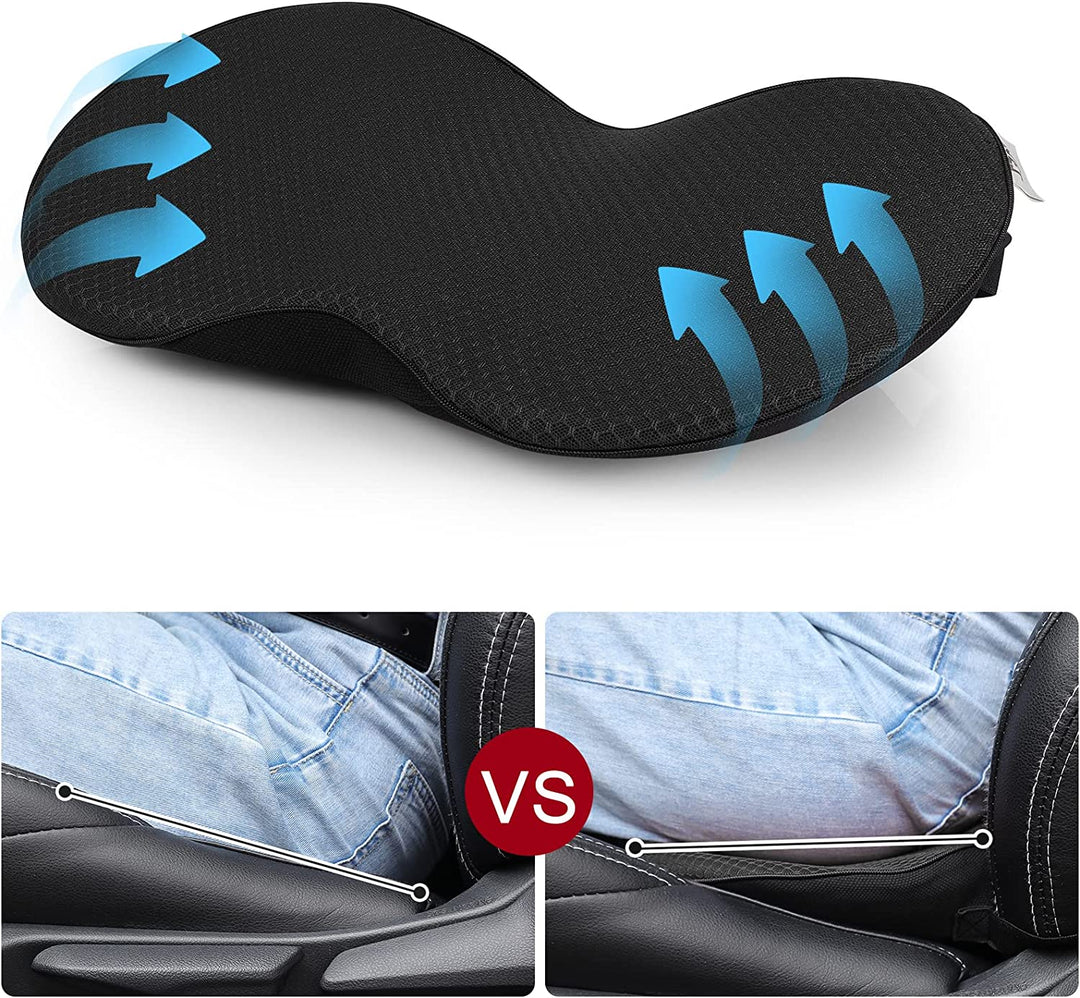 "Comfortable car seat cushion for short drivers, memory foam, 3.5 inches thick, raises height, ergonomic, breathable fabric"