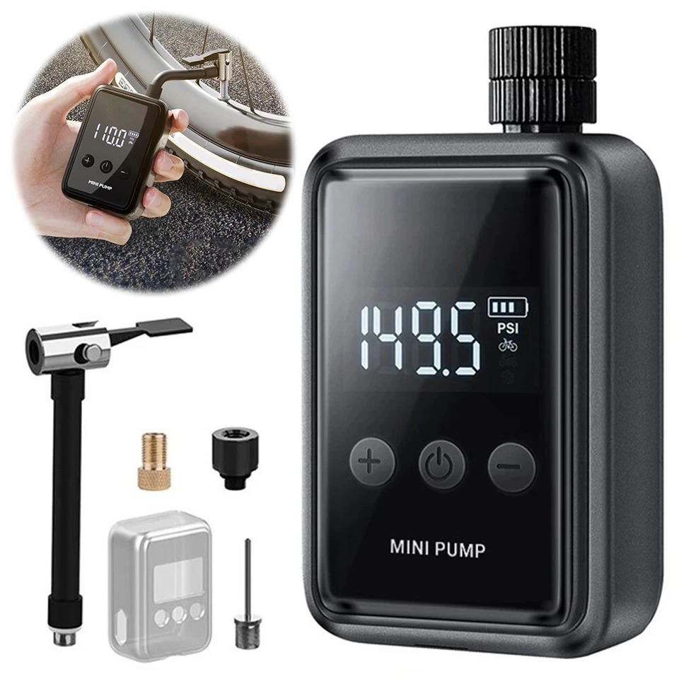 Compact electric mini bike pump with digital display, shown compact and lightweight, ideal for road and mountain biking.
