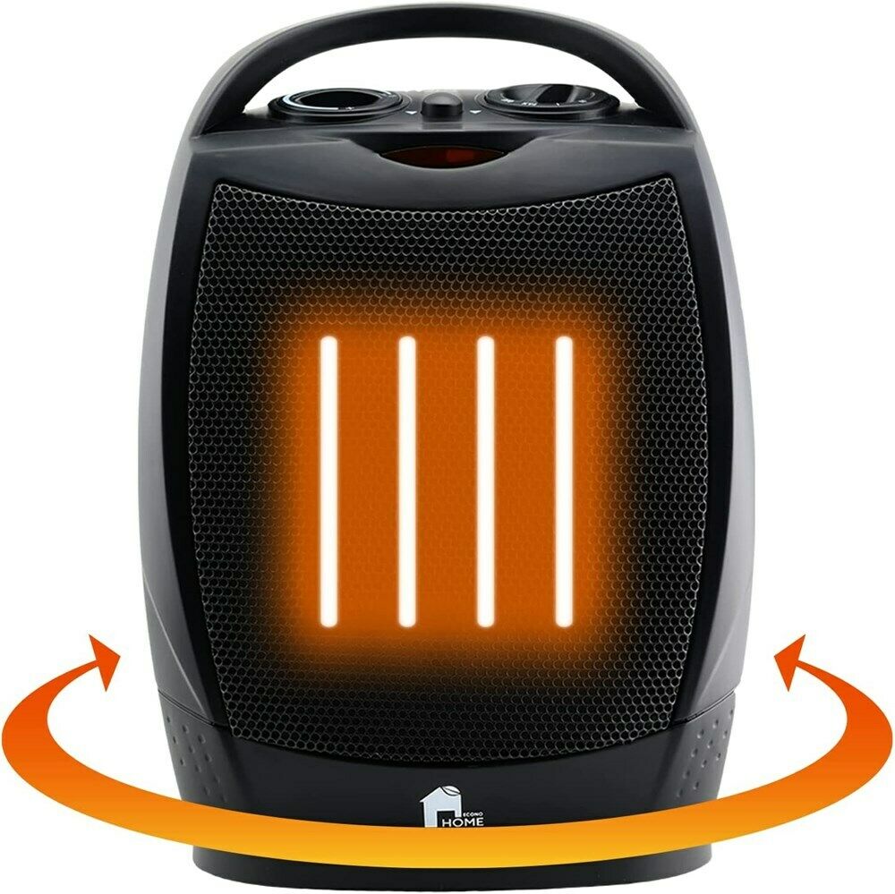 "Compact electric space heater with sleek design, oscillating function, and quiet operation for cozy indoor warmth."