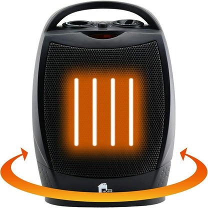 "Compact electric space heater with sleek design, oscillating function, and quiet operation for cozy indoor warmth."