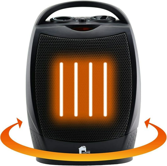 "Compact electric space heater with sleek design, oscillating function, and quiet operation for cozy indoor warmth."