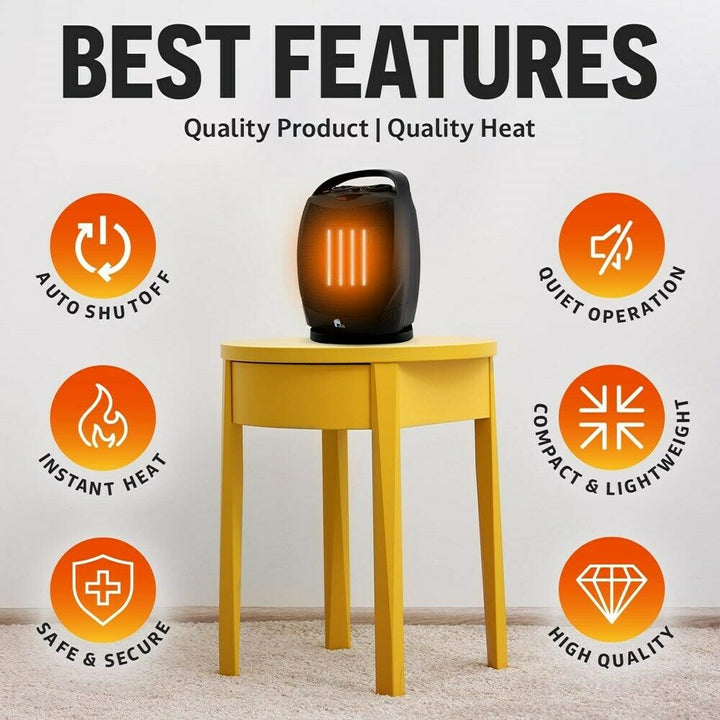 "Compact electric space heater with sleek design, oscillating function, and quiet operation for cozy indoor warmth."