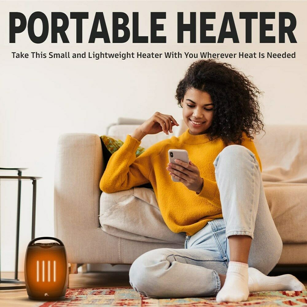 "Compact electric space heater with sleek design, oscillating function, and quiet operation for cozy indoor warmth."