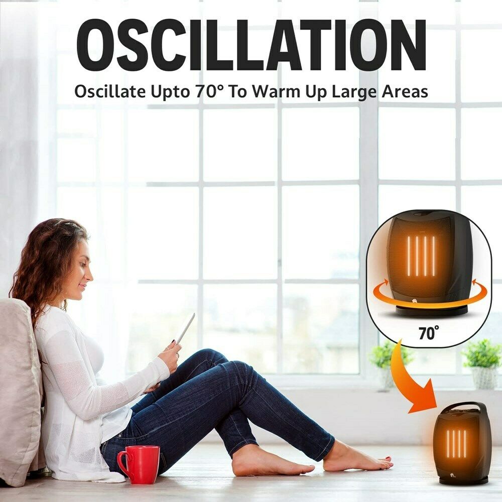 "Compact electric space heater with sleek design, oscillating function, and quiet operation for cozy indoor warmth."
