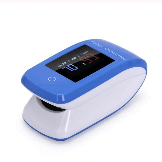 "Compact finger pulse oximeter with BP monitoring, displaying readings on a small screen, designed for health tracking."