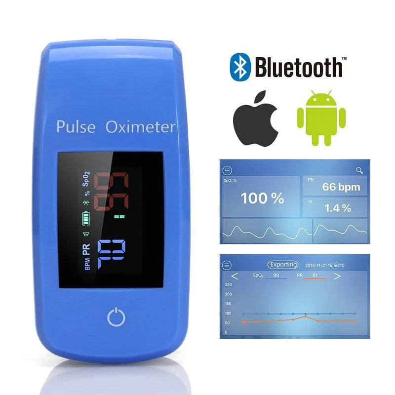 "Compact finger pulse oximeter with BP monitoring, displaying readings on a small screen, designed for health tracking."