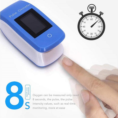 "Compact finger pulse oximeter with BP monitoring, displaying readings on a small screen, designed for health tracking."