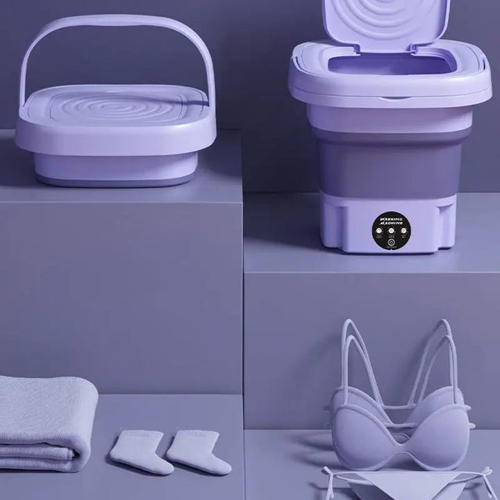 Compact foldable portable washing machine with spin dryer; small, efficient design, perfect for travel, apartments, or dorms.