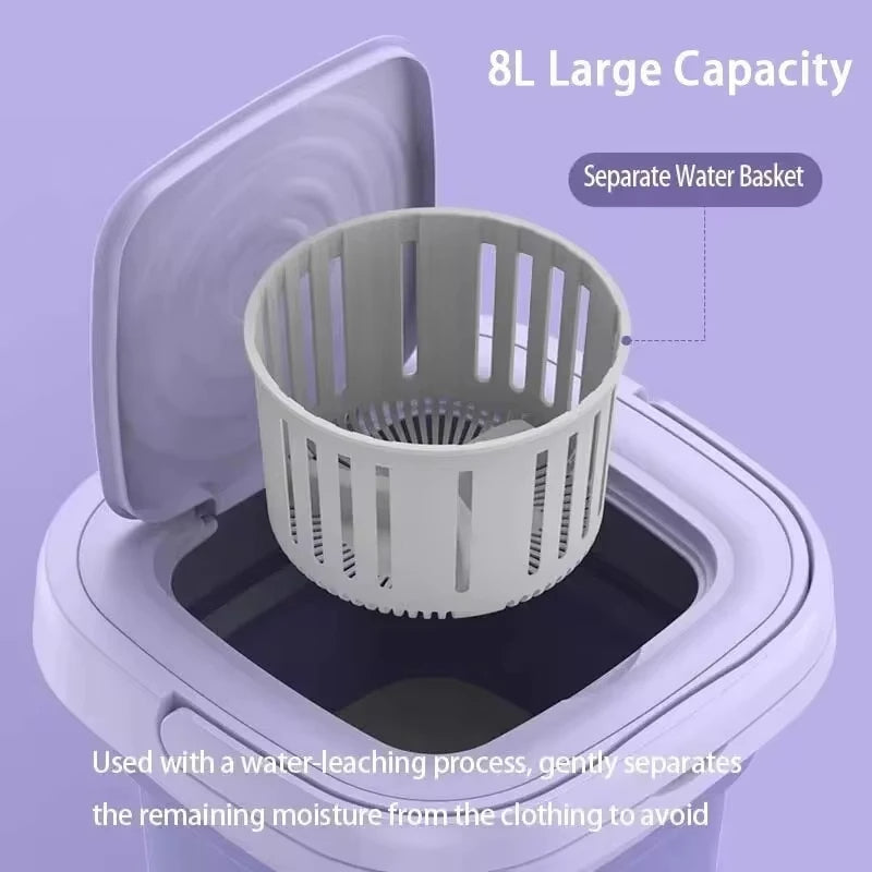 Compact foldable portable washing machine with spin dryer; small, efficient design, perfect for travel, apartments, or dorms.