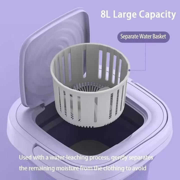 Compact foldable portable washing machine with spin dryer; small, efficient design, perfect for travel, apartments, or dorms.