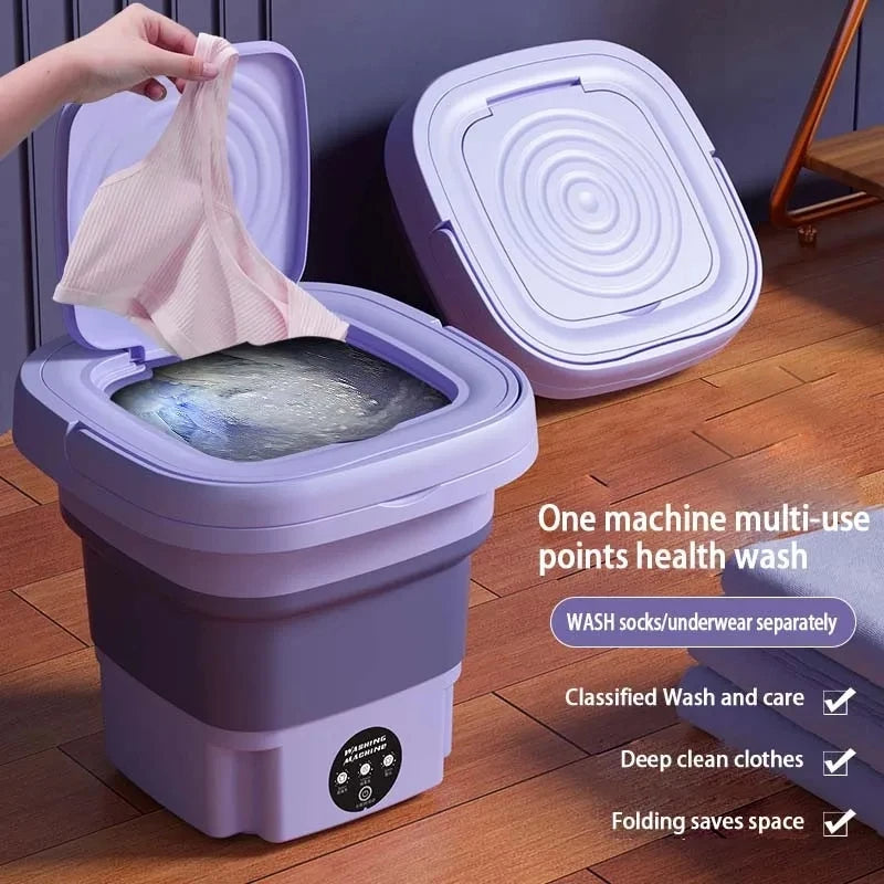 Compact foldable portable washing machine with spin dryer; small, efficient design, perfect for travel, apartments, or dorms.