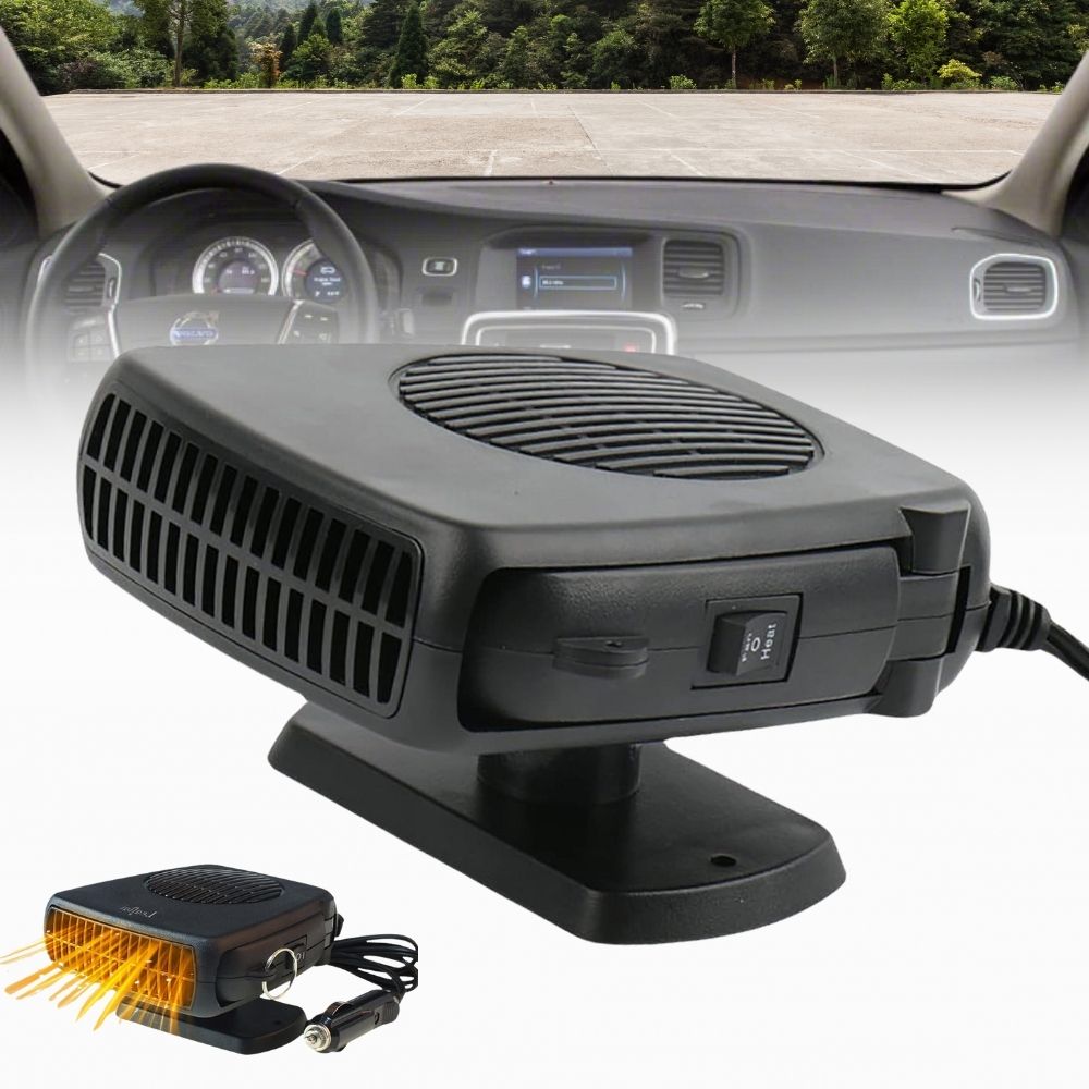 "Compact portable 150W 300W ceramic car heater fan, black, plugs into 12V socket, for fast heating and air purification."