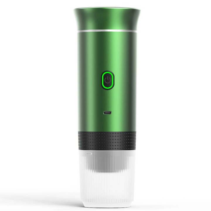 "Compact portable 3-in-1 espresso coffee maker, wireless, sleek design, for ground coffee and capsules, ideal for travel."