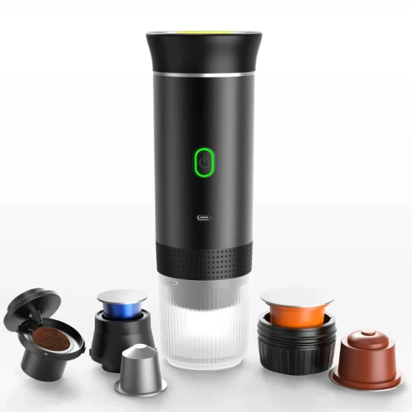 "Compact portable 3-in-1 espresso coffee maker, wireless, sleek design, for ground coffee and capsules, ideal for travel."