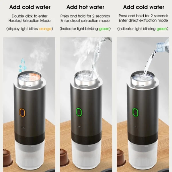 "Compact portable 3-in-1 espresso coffee maker, wireless, sleek design, for ground coffee and capsules, ideal for travel."