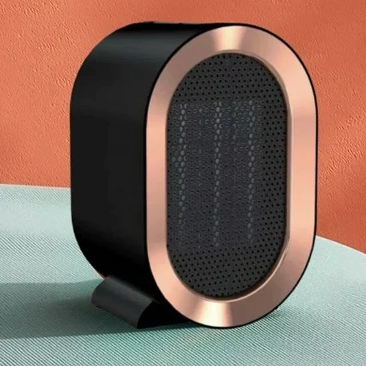 "Compact portable electric heater with energy-efficient ceramic element, ideal for heating small spaces, shown in stylish des